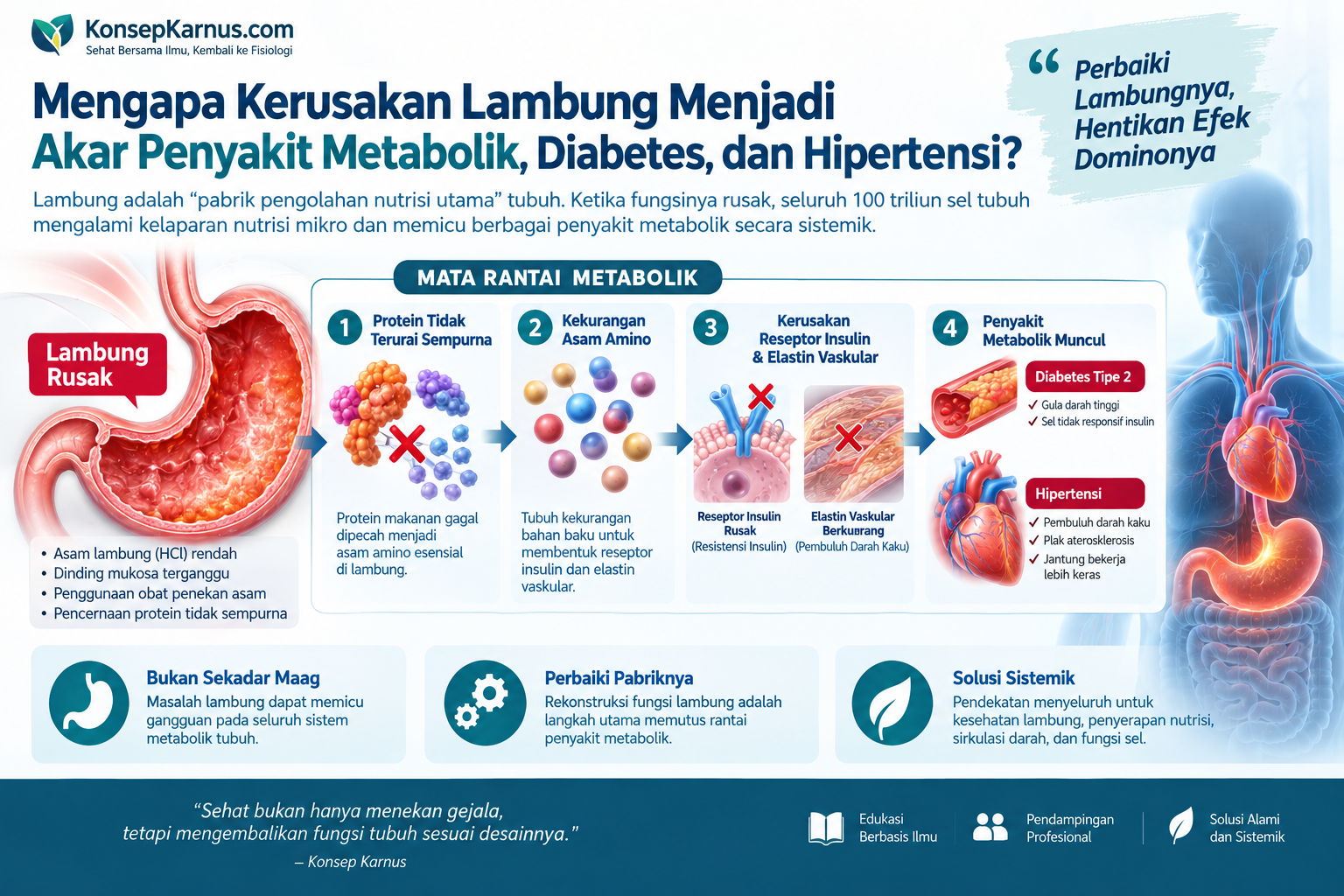 Diagram alur biokimia dari kerusakan lambung memicu kegagalan penyerapan nutrisi, plak vaskular, resistensi insulin hingga hipertensi