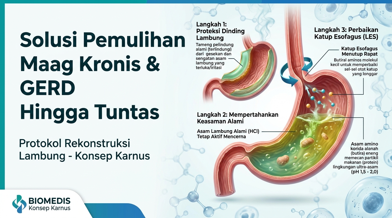 Ilustrasi rekonstruksi lapisan mukosa lambung dan penguatan otot katup esofagus menurut panduan Konsep Karnus