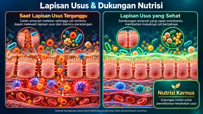 Diagram ilustrasi kondisi kebocoran usus leaky gut dan mekanisme perbaikan lapisan mukosa lambung oleh Konsep Karnus