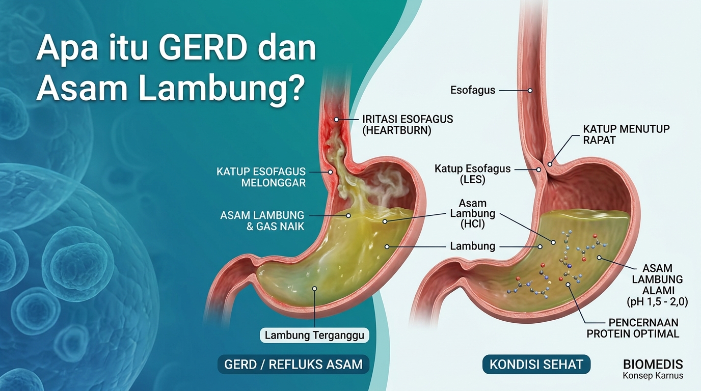 Diagram fisiologi organ lambung dan katup esofagus yang menunjukkan proses pencernaan serta sensasi refluks asam lambung pada penderita GERD